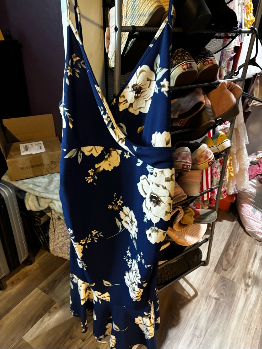 SHEIN Navy Blue Midi Dress with Cream Floral Print